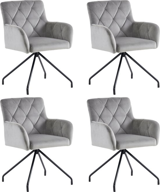 Set de 4 chaises de salle à manger avec motif losange, fauteuil rembourré avec 4 pieds en métal, chaise longue moderne, chaise de salon pour chambre, bureau et bureau, support lombaire, velours, gris clair