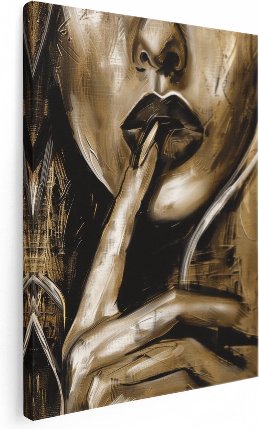 Artaza Canvas Schilderij Kunstwerk van een Vrouw met haar Vinger op haar Lippen - 90x120 - Wanddecoratie - Foto Op Canvas - Canvas Print