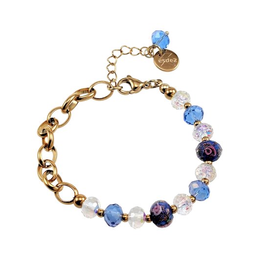 Armband Dames - Verguld RVS - Ovale Schakelarmband met Lila-Blauwe Kristallen en Murano Glaskralen - Verstelbaar