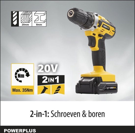 Powerplus POWX00830 Perceuse sans fil - Perceuse à vis - Batterie de perceuse - Visseuse sans fil - 20V - Incl. 2 batteries Li-ion 20V, chargeur et mallette à outils 134 pièces avec embouts de tournevis - Pour le bois, la pierre et le métal