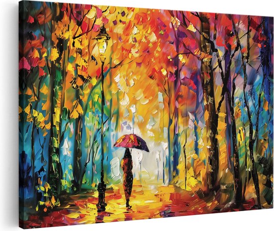 Artaza Canvas Schilderij Vrouw die met een Paraplu door het Bos loopt - 90x60 - Wanddecoratie - Foto Op Canvas - Canvas Print