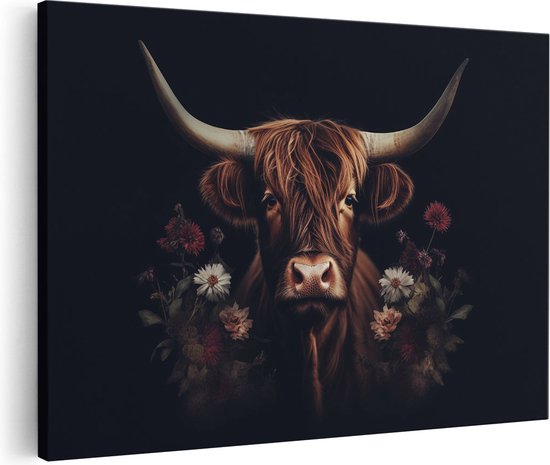 Artaza Canvas Schilderij Koe met Hoorns en Bloemen - 90x60 - Wanddecoratie - Foto Op Canvas - Canvas Print