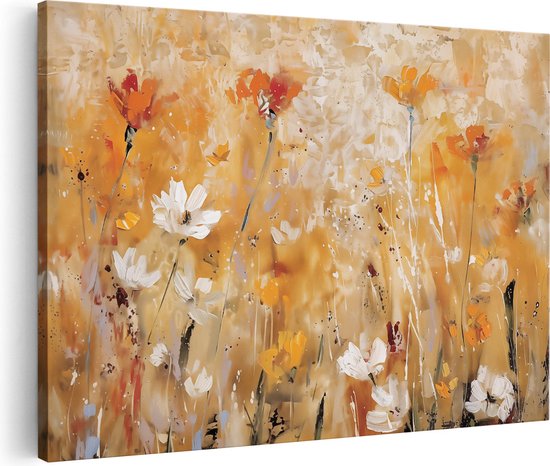 Artaza Canvas Schilderij Abstract Kunstwerk van Oranje en Witte Bloemen - 90x60 - Wanddecoratie - Foto Op Canvas - Canvas Print