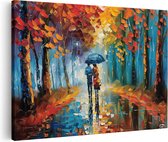 Artaza Canvas Schilderij Paar dat in de Regen loopt met een Paraplu - 60x40 - Wanddecoratie - Foto Op Canvas - Canvas Print