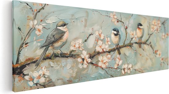 Artaza Canvas Schilderij Drie Vogels Zittend op een Tak met Bloesems - 120x40 - Wanddecoratie - Foto Op Canvas - Canvas Print