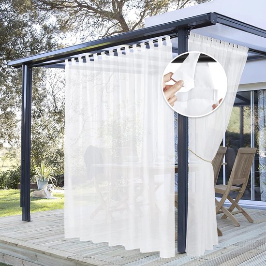 Witte buitengordijnen 1 stuk 254 x 243 cm paviljoen gordijn voor buiten waterdicht transparant voile met lussen voor balkon - Grote maat