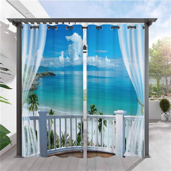 Buitengordijnen waterdicht met palmboom oceaanprint - voor privacy en zonlichtblokkering 200 x 231 cm