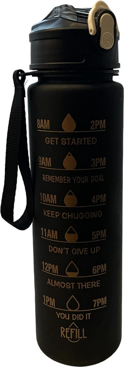 Motivatie Drinkfles 800 ml - Waterfles met Tijdsmarkering - Drinkfles met Rietje - Motivational Water Bottle - Sportfles - Lekvrije Bidon - Waterfles met Koord - Fitness Drinkfles - BPA Vrij - Zwart met Gouden Opdruk — afbeelding 3