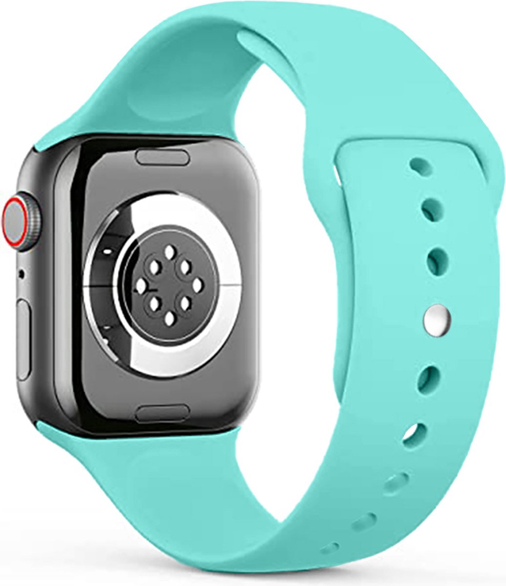 Stravo Siliconen Sportbandje – Zacht & Waterproof Horlogeband – Geschikt voor Apple Watch 49mm (Ultra 1/2/3), 46mm (Series 10/11), 45mm (Series 7/8/9), 44mm (Series 4/5/6, SE 1/2/3) – maat S/M – Cyan