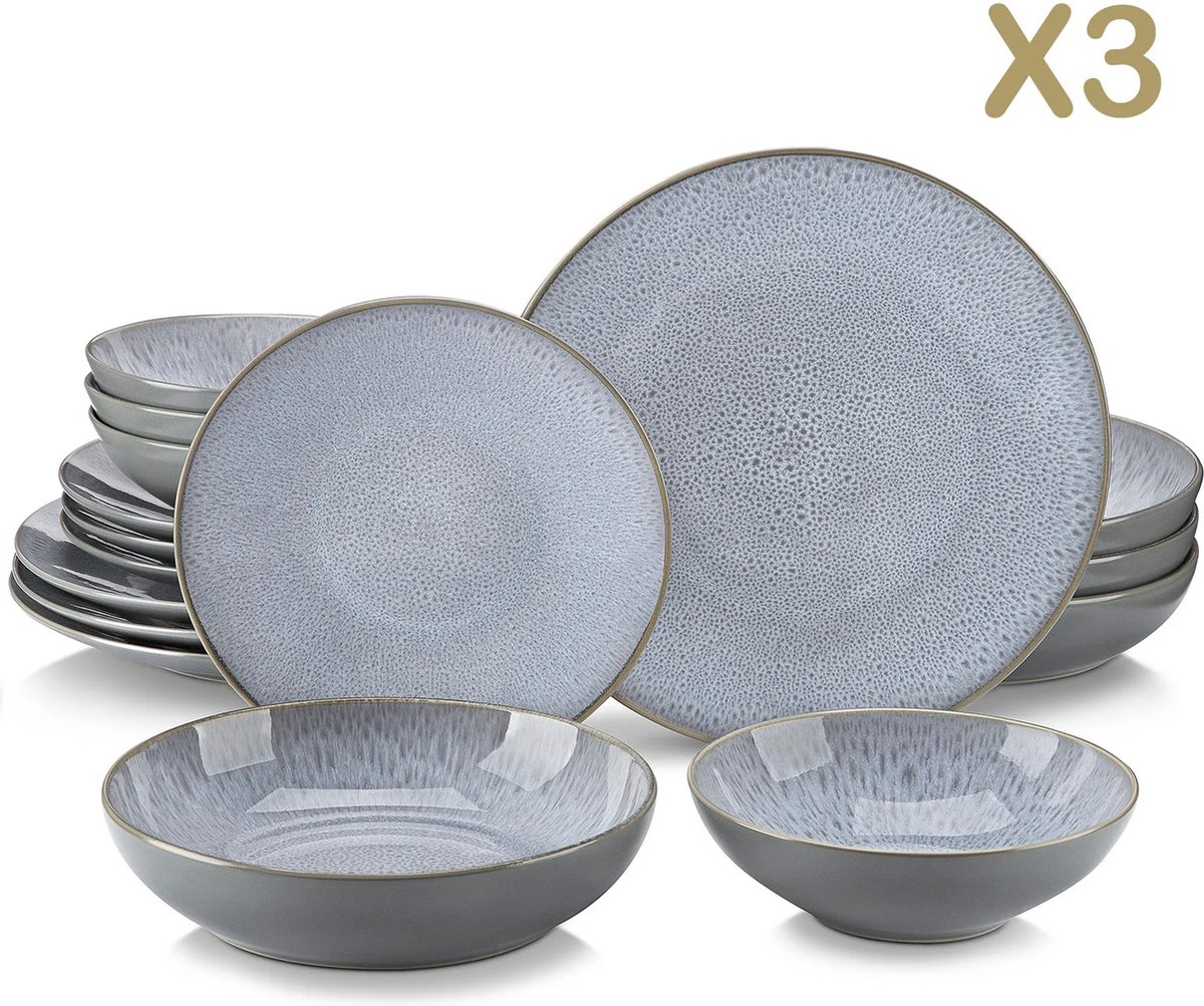 LBB Luxe Serviesset – 48 delig – 12 persoons – Porselein - Bordenset – Dinner platen – Dessertborden - Kommen - Soepborden - Set - Grijs