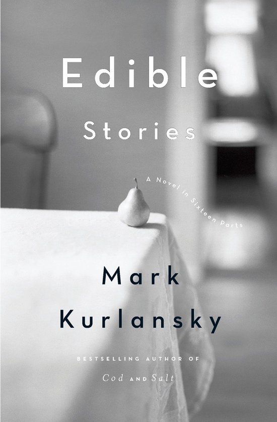 Boekomslag van 'Edible Stories' door Mark Kurlansky. Een peren-illustratie boven de titel.