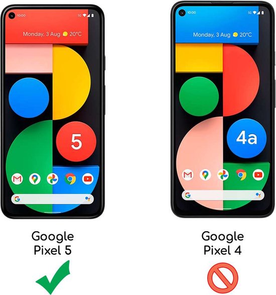 Twee Google Pixel telefoons met kleurrijke achtergronden. De linkse is een Pixel 5, de rechtse een Pixel 4a.