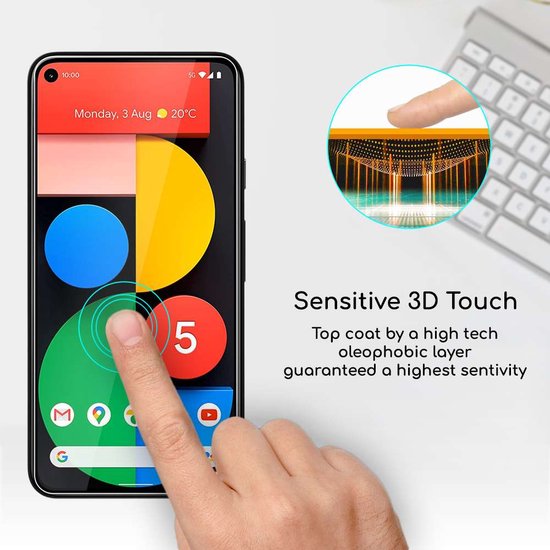 Vinger op een Google Pixel 5 scherm met 'Sensitive 3D Touch' tekst.