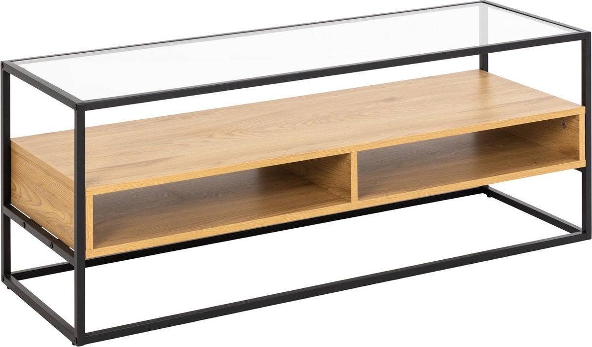 Tv-meubel Rechthoek 120cm - Glas/Hout Naturel - Open Kast - Giga Meubel