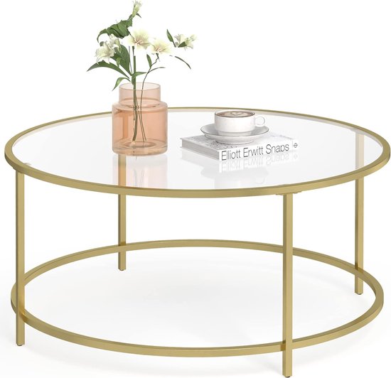 Salontafel - bijzettafel rond - koffietafel - glazen tafel met metalen frame - 84 x 84 x 45,5