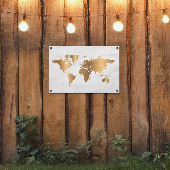 Tuinposter 60x40 cm - Tuindecoratie Wereldkaart - Goud - Marmerlook - Luxe - Design - Poster voor in de tuin - Buiten decoratie - Schutting tuinschilderij - Tuindoek muurdecoratie - Wanddecoratie balkondoek