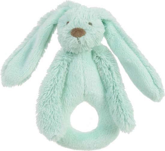 Lichtgroene konijnenrammelaar met lange flapperende oren en een bruin neusje.