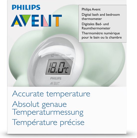 Philips Avent digitale bad- en babykamerthermometer. Lichtgroene bloemvorm met display.