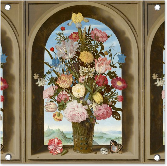 Tuinposters Vaas met bloemen in een venster - Schilderij van Ambrosius Bosschaert de Oude - 50x50 cm - Tuindoek - Buitenposter