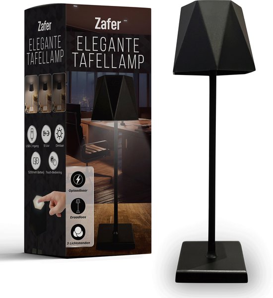 Lampe de table élégante Zafer noire, rechargeable, dimmable, commande tactile, sans fil. Câble USB-C inclus.