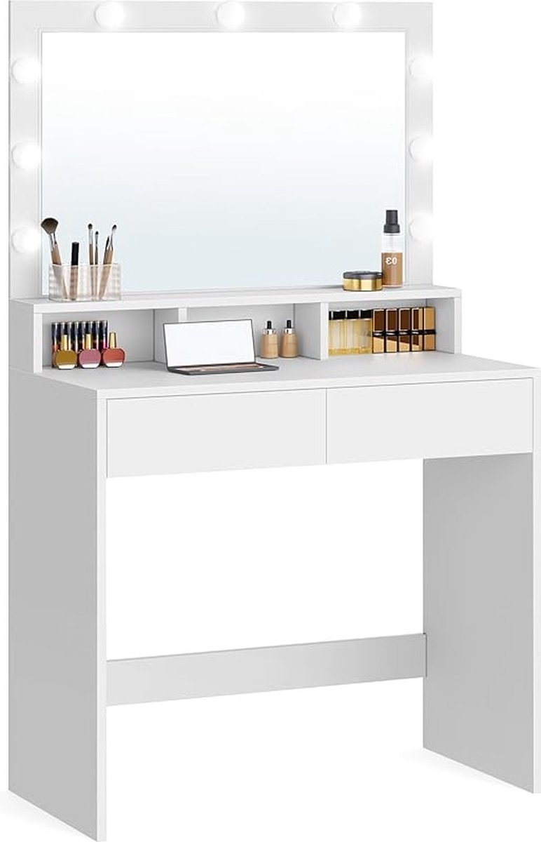 Furnihaus Kaptafel cosmeticatafel met 9 LED lampen en spiegel instelbare lichtsterkte wit