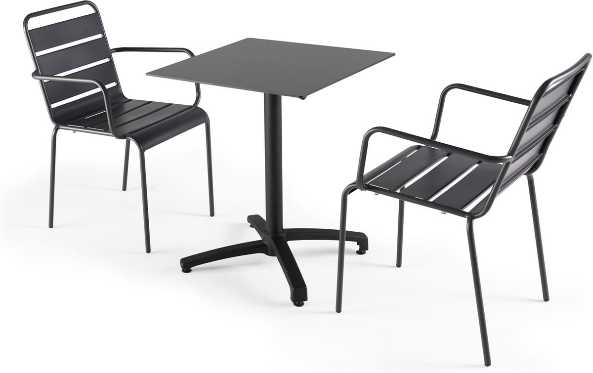 Oviala - Set van een zwarte gelamineerde tuinset en 2 grijze Palavas fauteuils