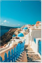 Muurdecoratie Blauw voetpad in Santorini Griekenland - 120x180 cm - Tuinposter - Tuindoek - Buitenposter