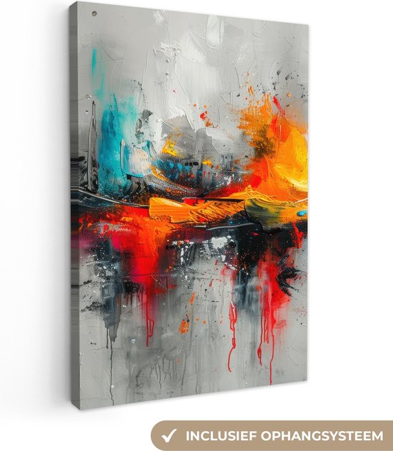 Peinture abstraite avec des coups de pinceau gris, rouges, oranges et bleus. Système de suspension inclus.