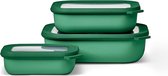 Rechthoekige Multi Bowl Set van 3 - Voorraadpotten met deksel - Geschikt als opbergdoos, koelkast, vriezer en magnetronservies - 500 ml, 1000 & 2000 ml - Levendig Groen