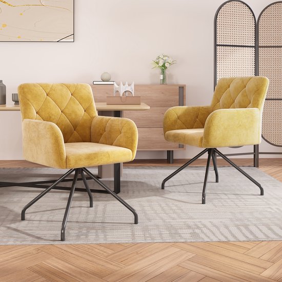 Sweiko 2-delige eetkamer stoelen met diamant patroon, gestoffeerde fauteuil met 4-metalen benen, moderne lounge stoel, stoel voor woonkamer, slaapkamer, werkkamer en bureau, spons en fluweel stoel, geel