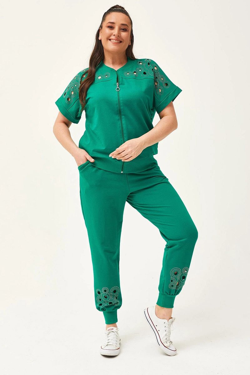 Dames Large Trainingspak Groen - Zomer Kortmouw Transparante Snit Steen Bedrukte - L Tracksuit Joggingpak