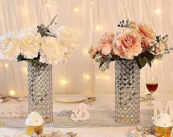 Crystal Matel Kaarsenhouder set van 2 26,5 cm hoog theelicht kaarsenhouder vazen voor tafel middenstukken orkaan zuil kandelaar bruiloft woondecoratie (zilver-2 stuks)