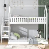 Stapelbed huisbed met trap - kinderbed met valbeveiliging en rooster - grenen frame - wit (90x200cm)