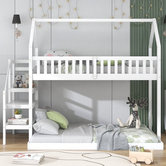Stapelbed huisbed met trap - kinderbed met valbeveiliging en rooster - grenen frame - wit (90x200cm)