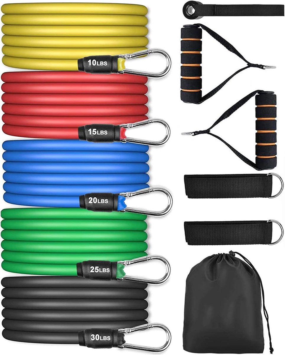 Set weerstandsbanden, oefenelastieken met handgrepen voor weerstandstraining, fitnessbanden voor thuistraining, elastische slang