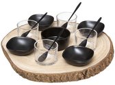 Secret de Gourmet Serveerplank/amuse/aperitief hapjes - hout/keramiek - zwart - voor 4x personen - 14-delig - keuken/tafelen - boomschijf