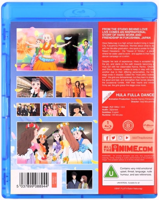 Achterkant van de Blu-ray met recensies en foto's van een hula-danseres in een gele jurk en andere personages in traditionele kleding.