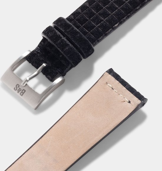 B&S Bracelet de Montre en Cuir de Luxe - Daim Zwart Gaufré - 20 mm