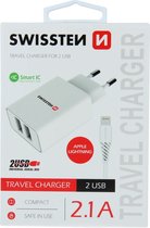Swissten 2.1A Dual Port Travel Charger (10.5W) 8 Pin – USB Cable – White