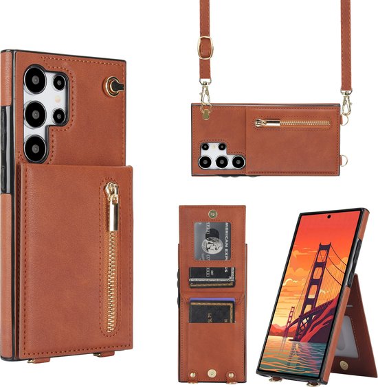 Geschikt Voor Samsung Galaxy S24 Ultra Hoesje Met Koord - Solidenz S24 Ultra Wallet Case Cover - Backcover Met Koordje - Cord Case - Lanyard - Hoesje S24 Ultra - Bruin