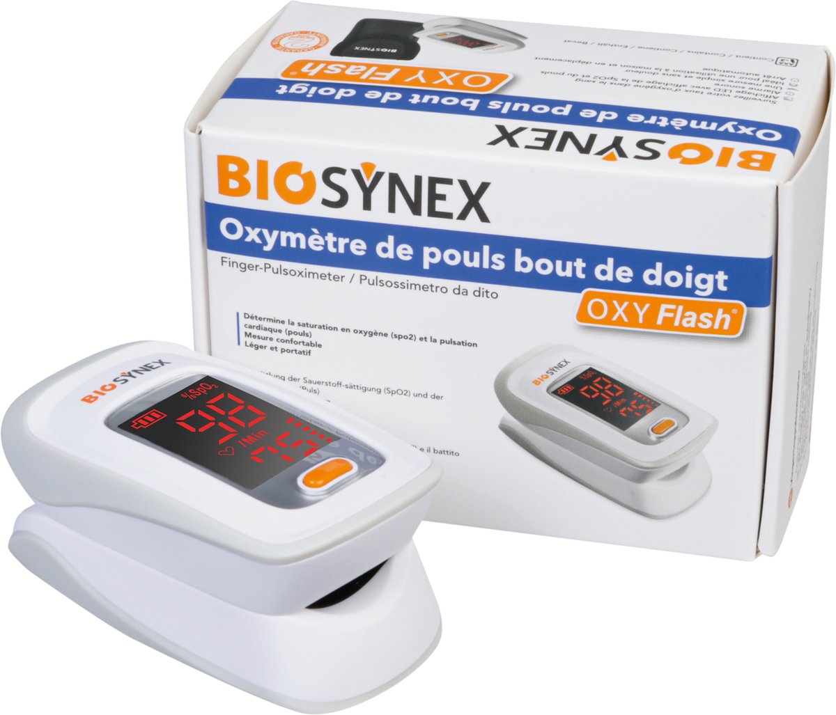 Bol.com BioSynex OxyFlash Saturatiemeter - Meet SpO2 en Hartslag - LED-display - Compact en Draagbaar - Ideaal voor Thuis en Ond... aanbieding