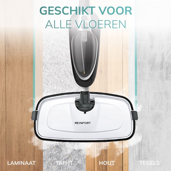 Zwarte stoomreiniger met brede witte voet. Geschikt voor laminaat, tapijt, hout en tegels.