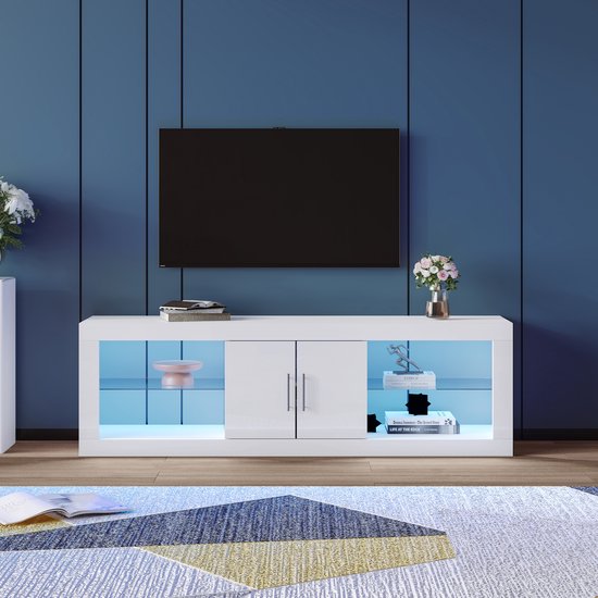 Sweiko Moderne witte TV Kast voor 60-inch TV's; 16-kleuren LED, Bluetooth-bediening; glanzende kastdeuren, verstelbare planken, stille scharnieren, stijlvolle opbergkast