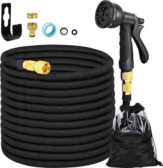Flexibele tuinslang 30 m, uittrekbare tuinslang met douchekop met 8