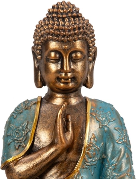 Statue Bouddha Shaman - intérieur/extérieur - pierre artificielle - or/jade - 14 x 23 cm