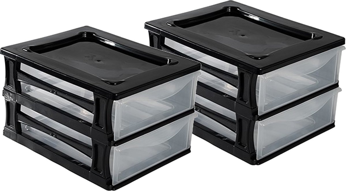 Hega hogar Ladeblokje bureau organizer 2x lade zwart transparant L26 x B35 x H20 cm kunststof