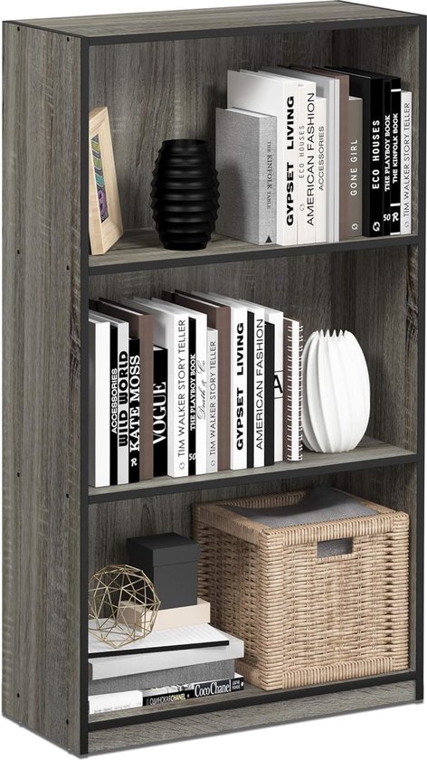 Basic boekenkast met 3 vakken, opbergrek, hout, Frans eiken, grijs/zwart, 23,5 x 55,25 x 100,33 cm