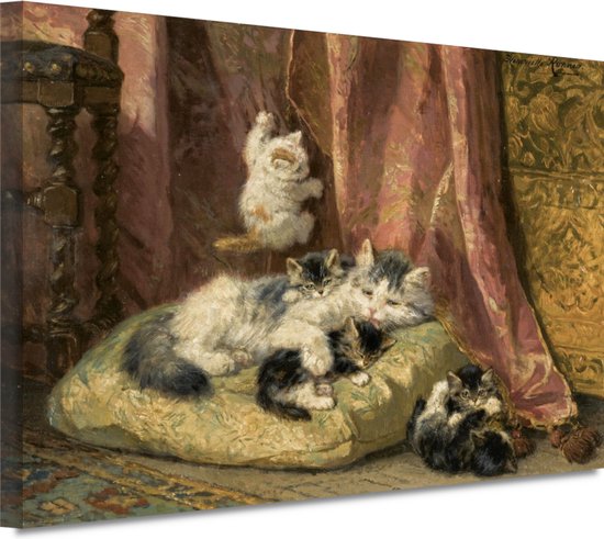 Kittens bij het spelen - Henriëtte Ronner-Knip schilderijen - Katten portret - Schilderijen canvas Dieren - Vintage schilderij - Canvas schilderij woonkamer - Kunst aan de muur 90x60 cm