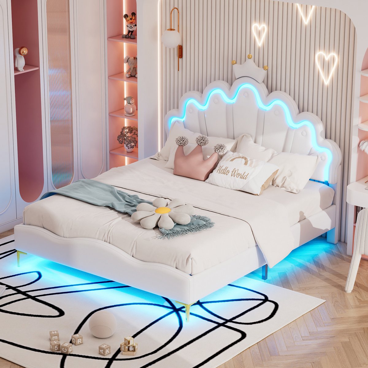 Sweiko 140*200cm Vlak tweepersoonsbed, kroonvormig prinsessenbed, zachte PU lederen bekleding, verstelbare LED omgevingslichtstrip, Wit