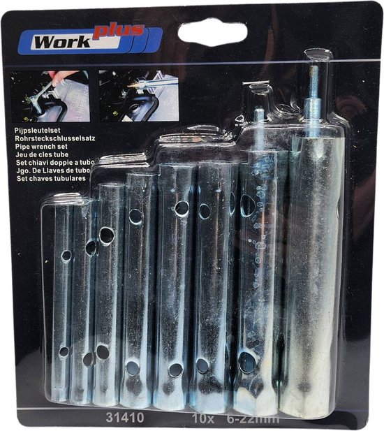Werk Plus pijpsleutelset met 10 stuks, 6-22mm, op zwarte blisterkaart.